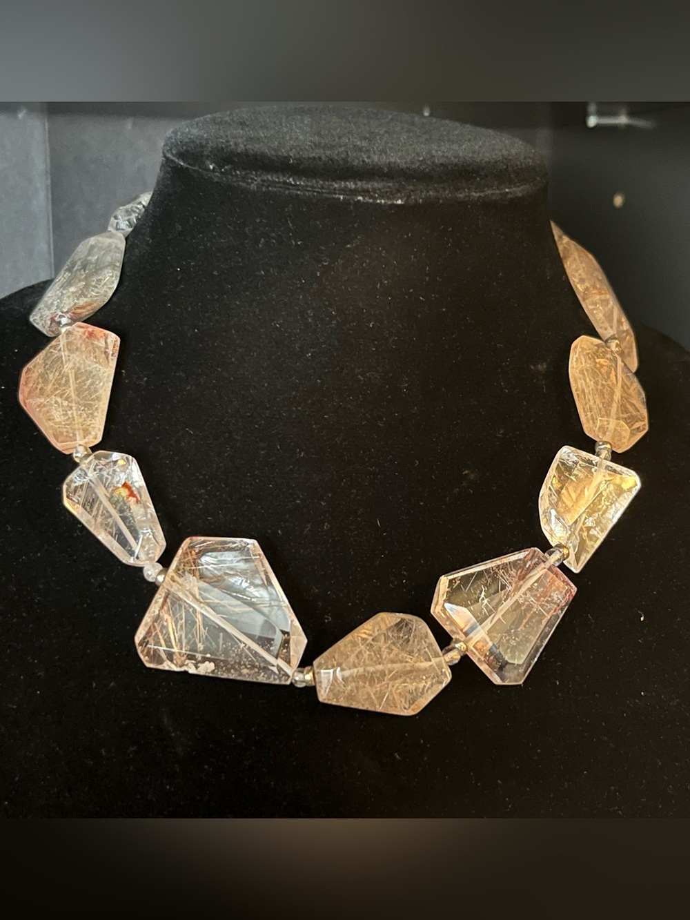 Rutilated Quartz Statement Necklace - Clear, Silver, Gold and Red Tones